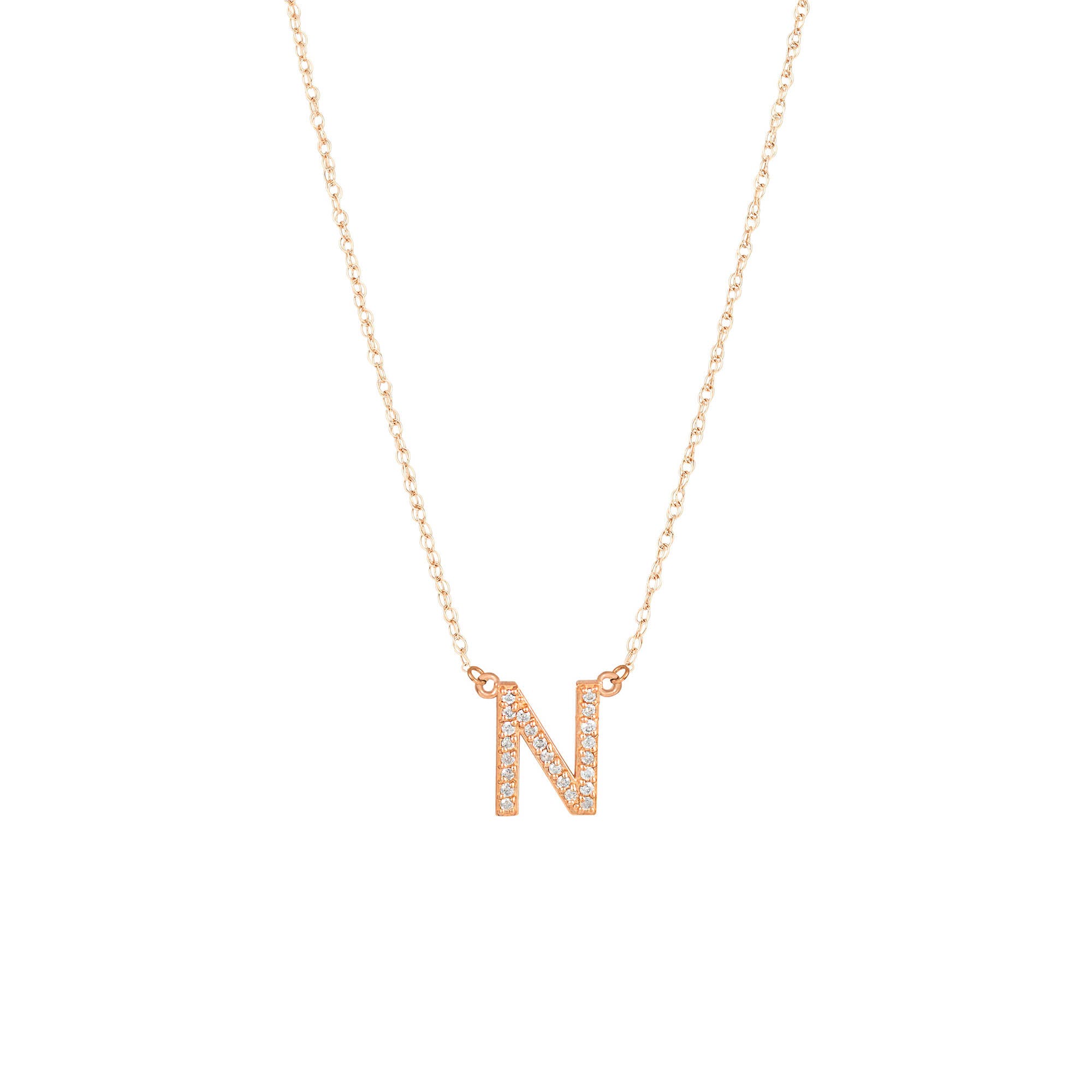 Letter N Diamond Embellished Initial Pendant Necklace in 9ct Rose Gold