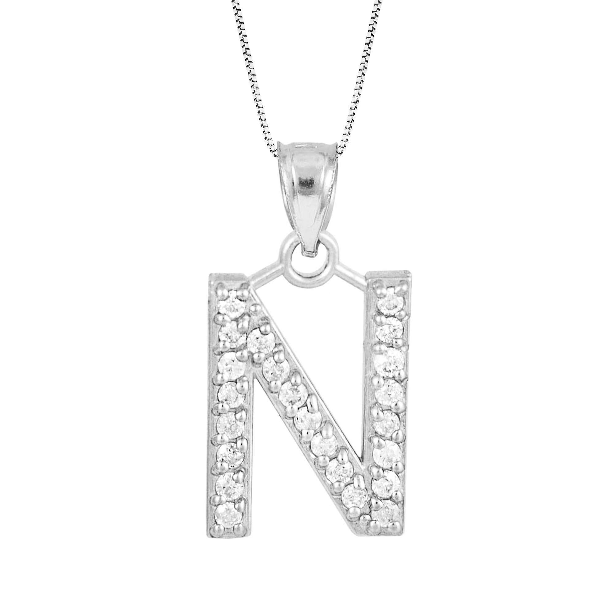 Letter N Diamond Embellished Drop Pendant Necklace in 9ct White Gold