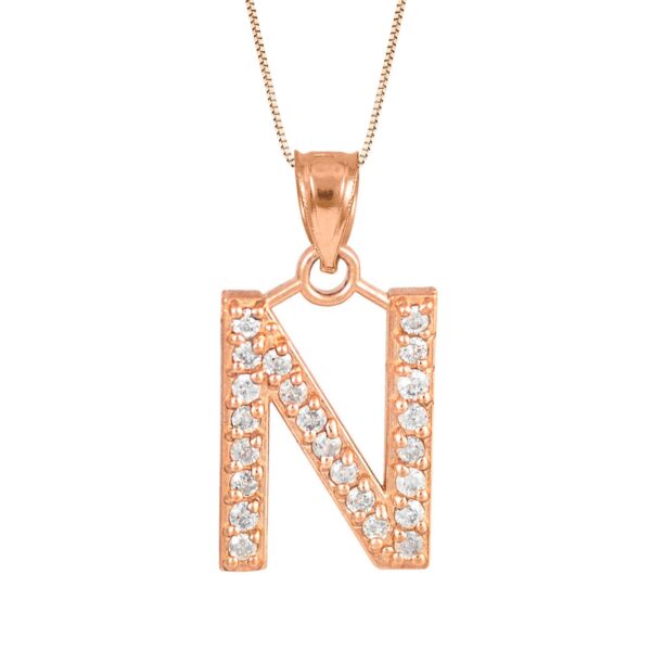 Letter N Diamond Embellished Drop Pendant Necklace in 9ct Rose Gold