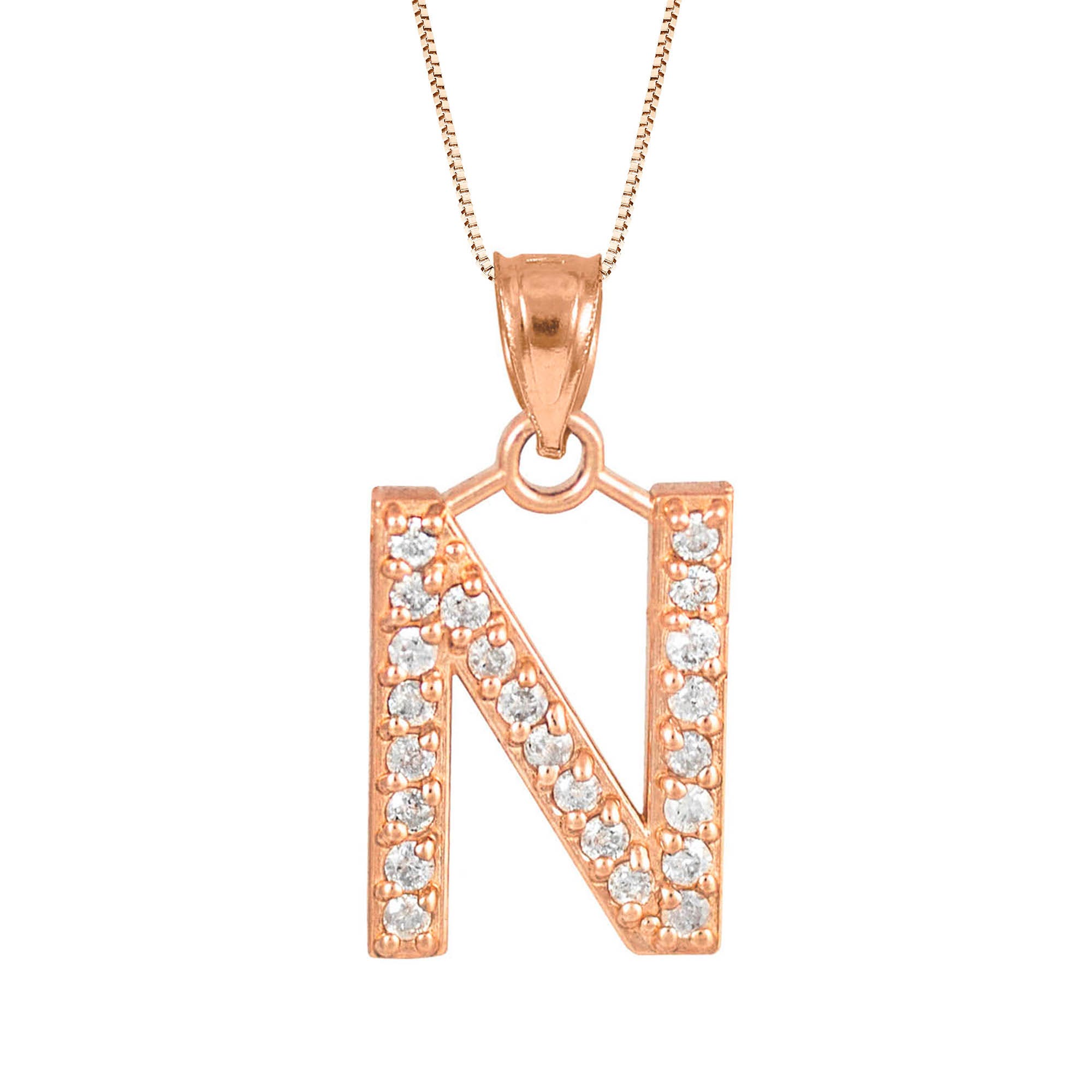 Letter N Diamond Embellished Drop Pendant Necklace in 9ct Rose Gold