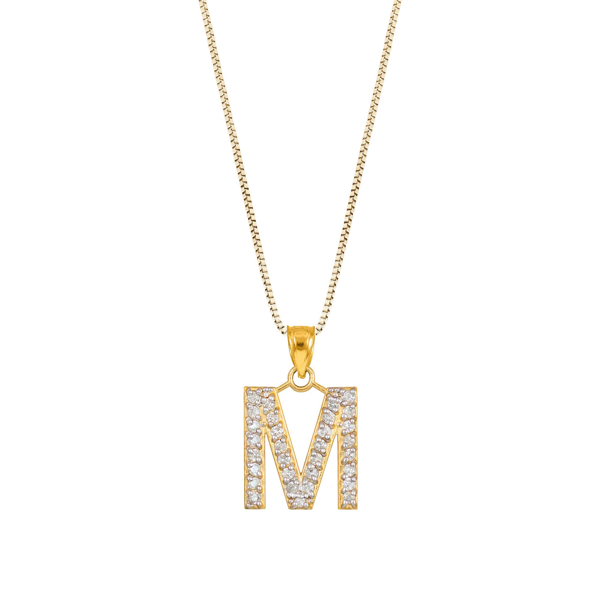 Letter M Diamond Embellished Drop Pendant Necklace in 9ct Gold