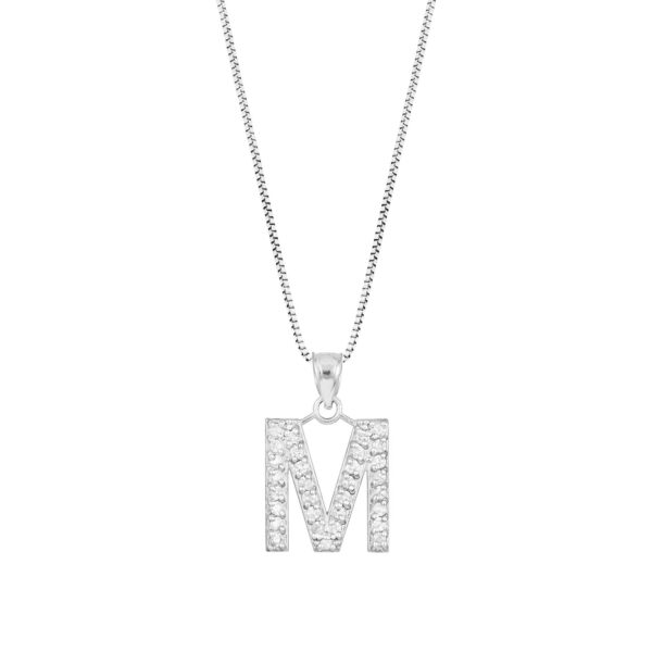 Letter M Diamond Embellished Drop Pendant Necklace in 9ct White Gold