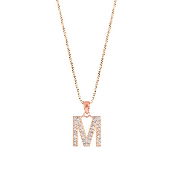 Letter M Diamond Embellished Drop Pendant Necklace in 9ct Rose Gold