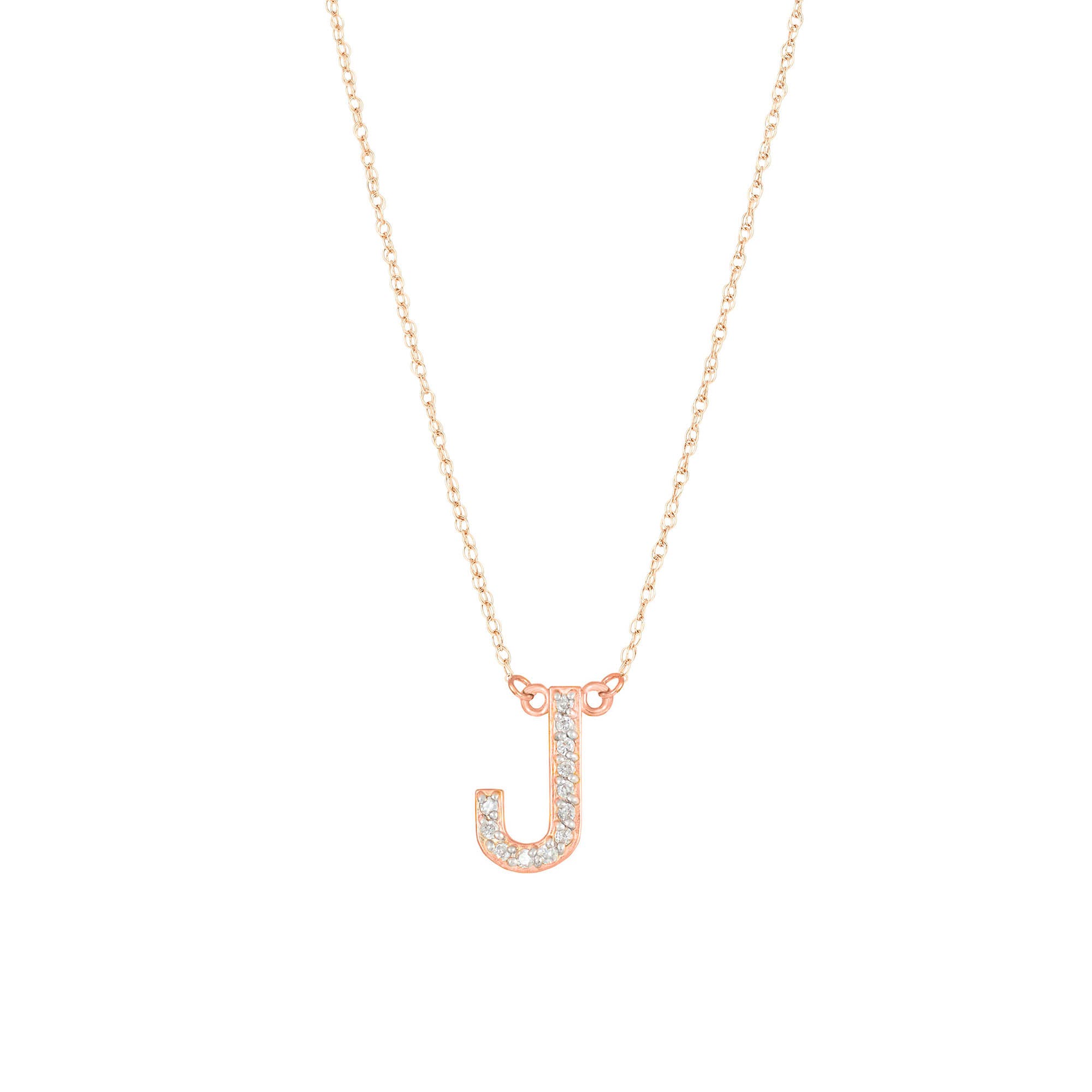 Letter J Diamond Embellished Initial Pendant Necklace in 9ct Rose Gold
