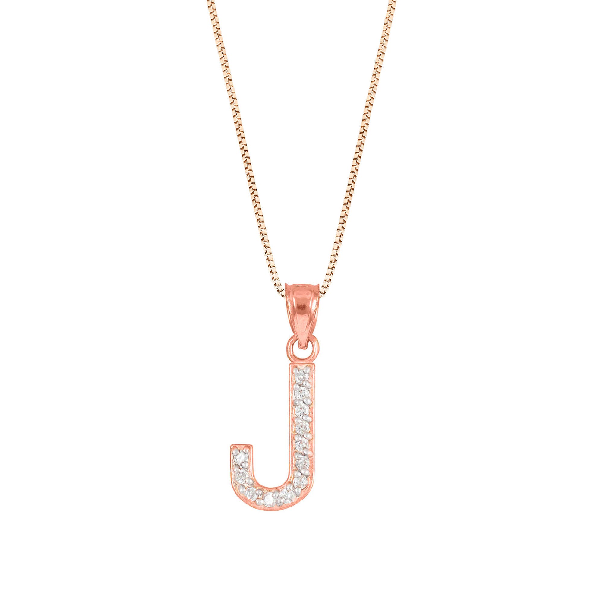 Letter J Diamond Embellished Drop Pendant Necklace in 9ct Rose Gold