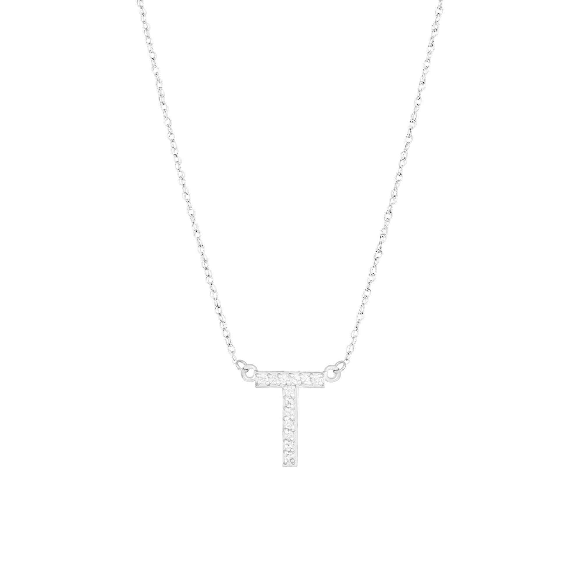 Letter T Diamond Embellished Initial Pendant Necklace in 9ct White Gold