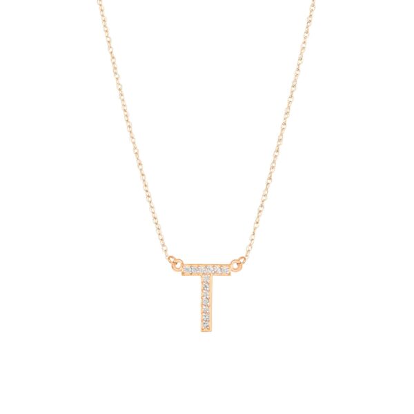 Letter T Diamond Embellished Initial Pendant Necklace in 9ct Rose Gold