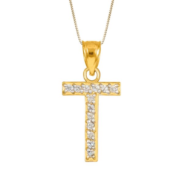 Letter T Diamond Embellished Drop Pendant Necklace in 9ct Gold