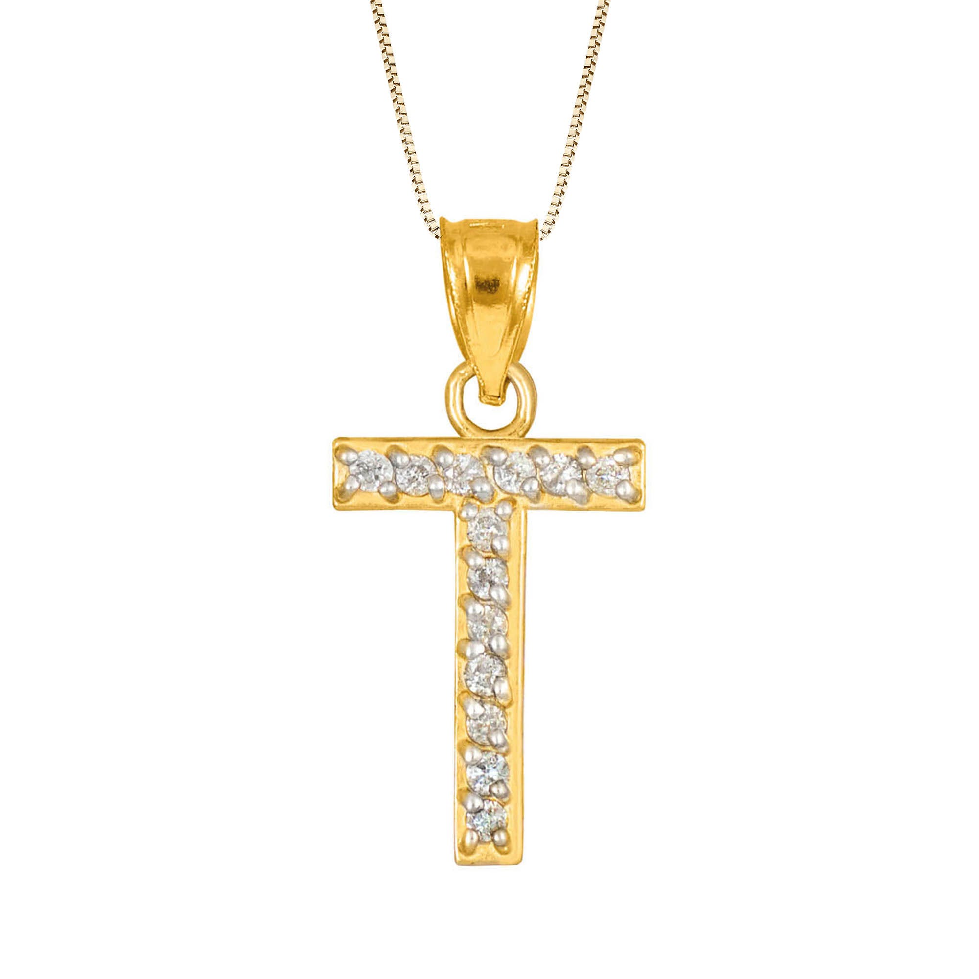 Letter T Diamond Embellished Drop Pendant Necklace in 9ct Gold