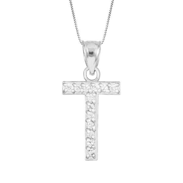 Letter T Diamond Embellished Drop Pendant Necklace in 9ct White Gold