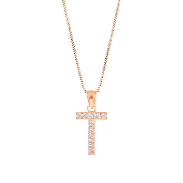 Letter T Diamond Embellished Drop Pendant Necklace in 9ct Rose Gold