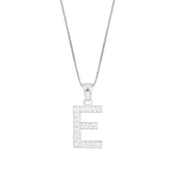 Letter E Diamond Embellished Drop Pendant Necklace in 9ct White Gold