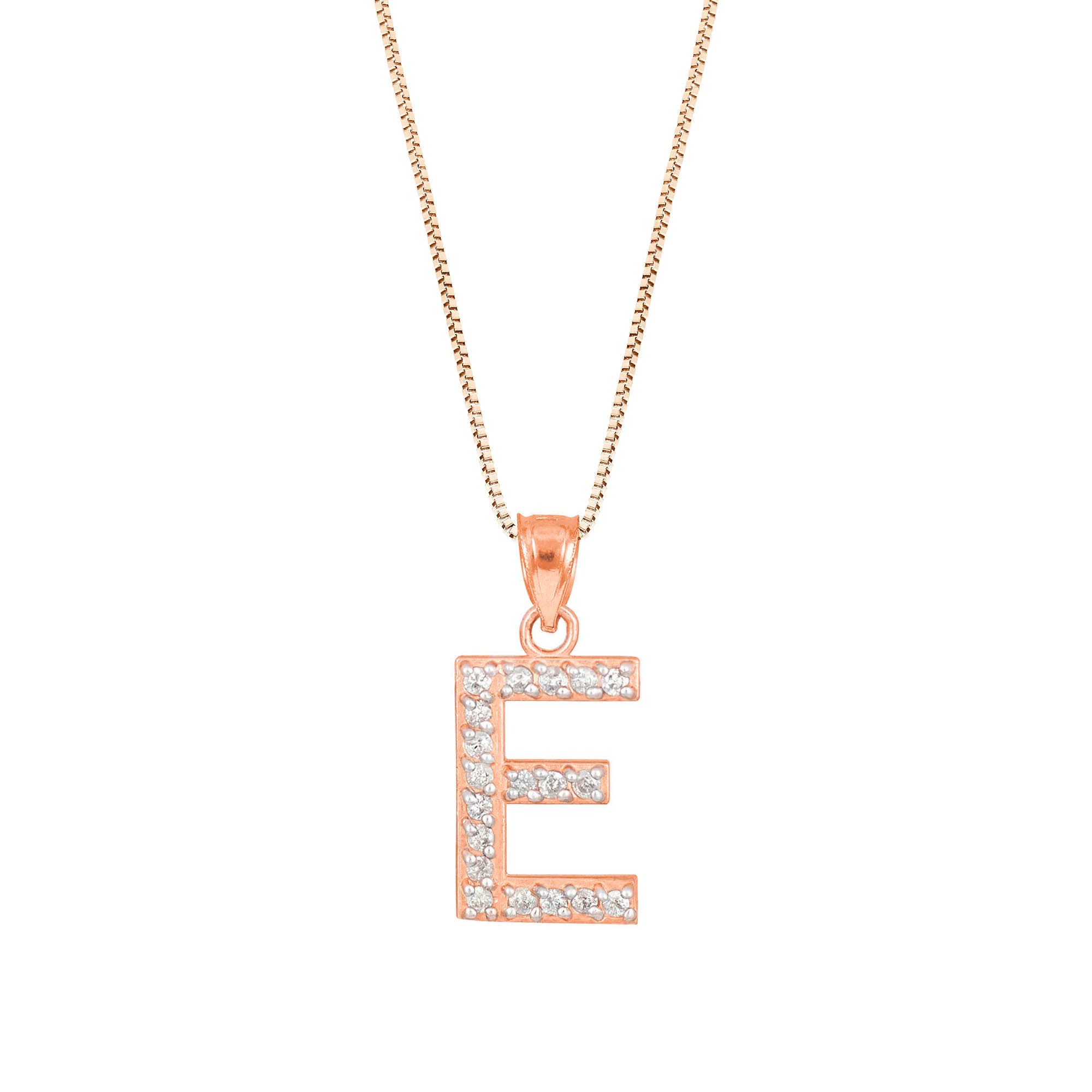 Letter E Diamond Embellished Drop Pendant Necklace in 9ct Rose Gold