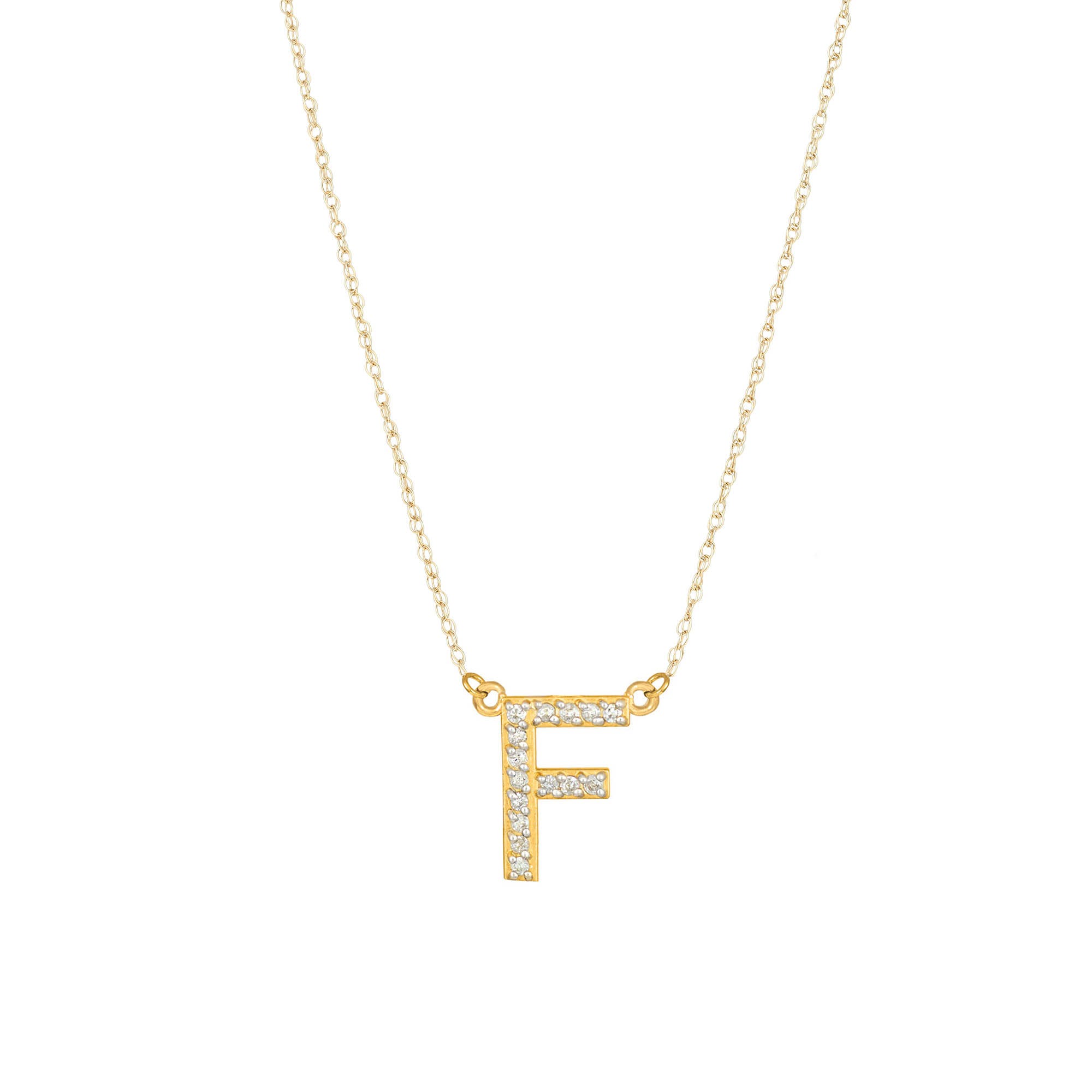 Letter F Diamond Embellished Initial Pendant Necklace in 9ct Gold