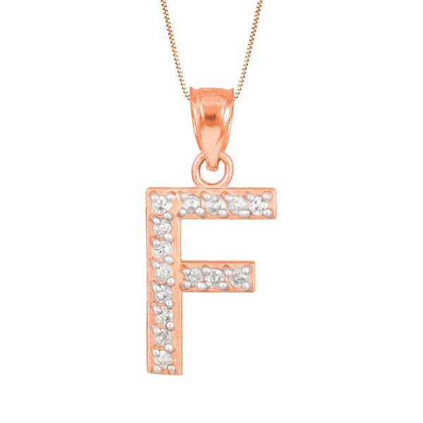 Letter F Diamond Embellished Drop Pendant Necklace in 9ct Rose Gold