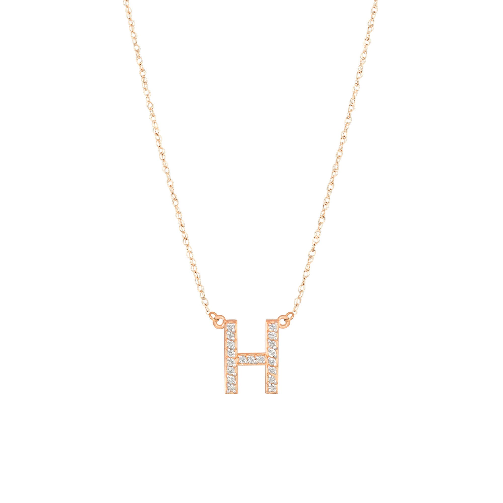 Letter H Diamond Embellished Initial Pendant Necklace in 9ct Rose Gold