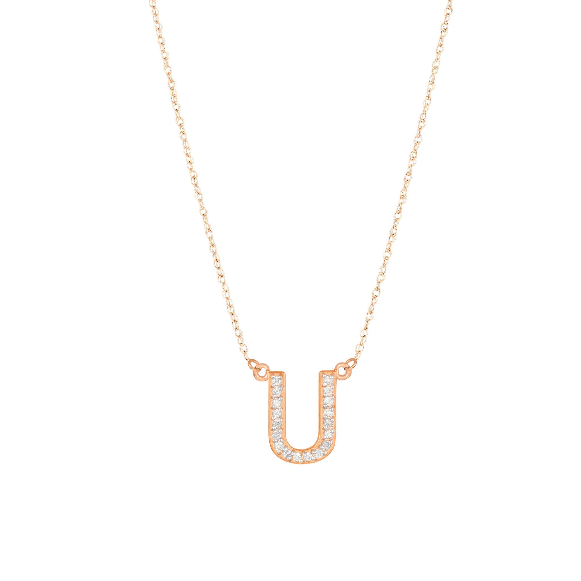 Letter U Diamond Embellished Initial Pendant Necklace in 9ct Rose Gold