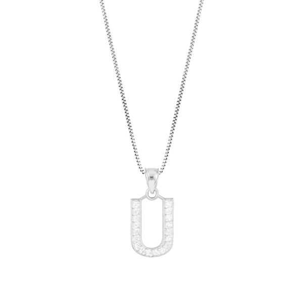 Letter U Diamond Embellished Drop Pendant Necklace in 9ct White Gold