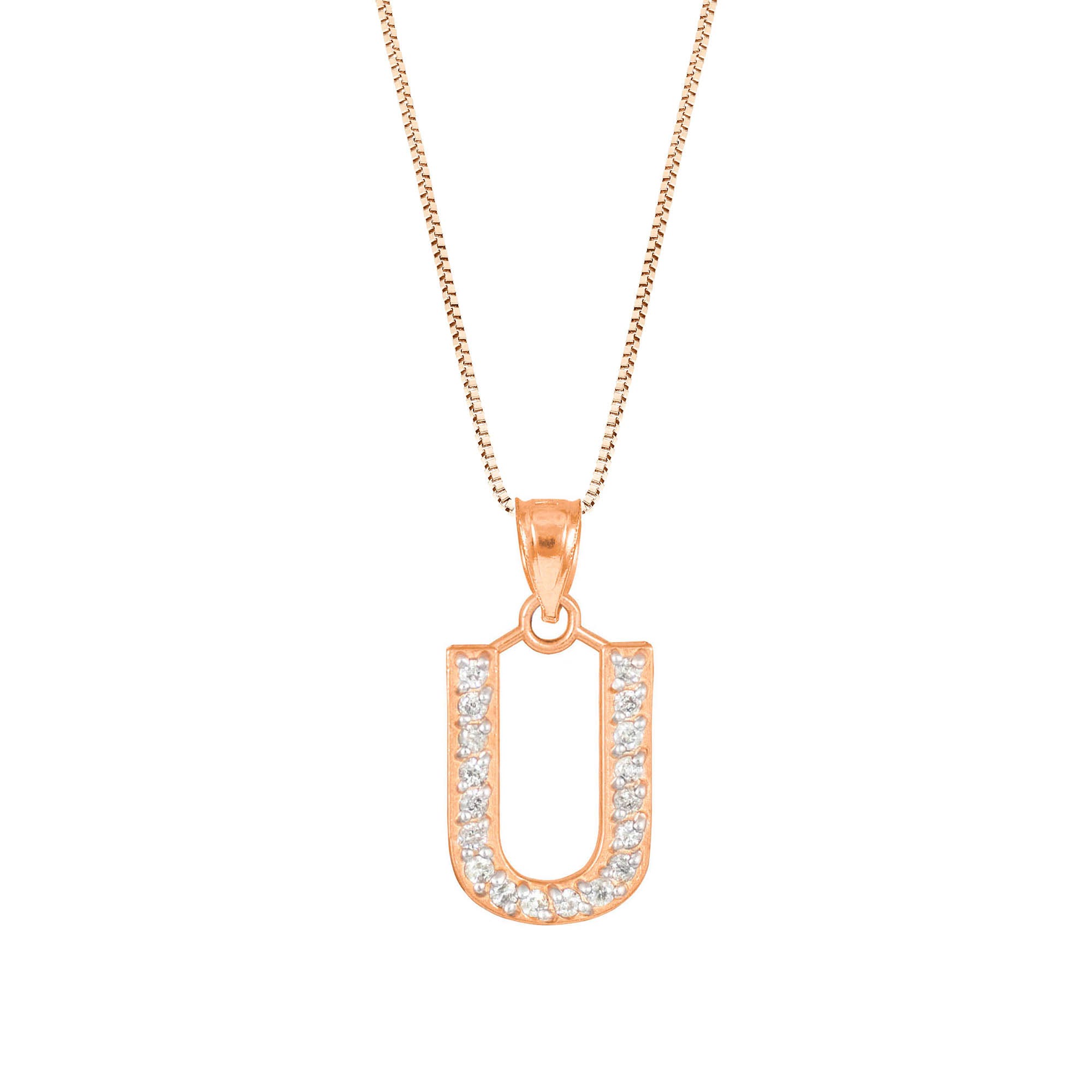 Letter U Diamond Embellished Drop Pendant Necklace in 9ct Rose Gold