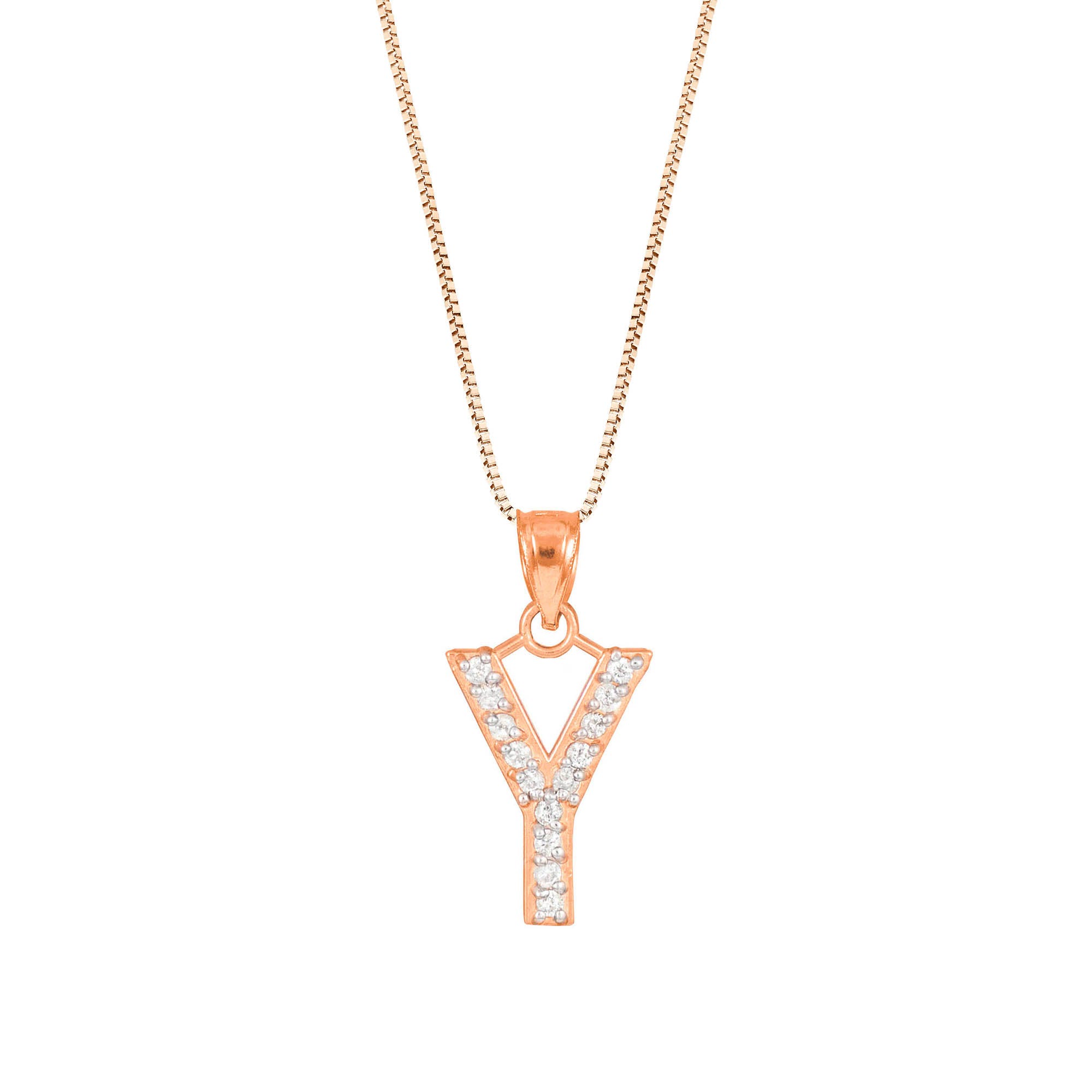 Letter Y Diamond Embellished Drop Pendant Necklace in 9ct Rose Gold