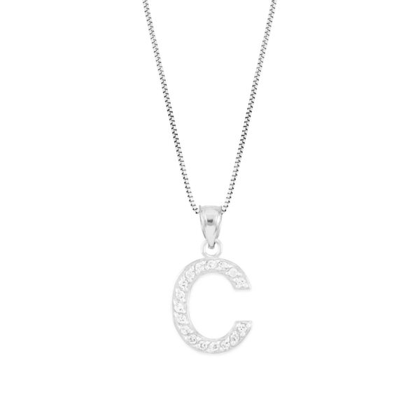 Letter C Diamond Embellished Drop Pendant Necklace in 9ct White Gold