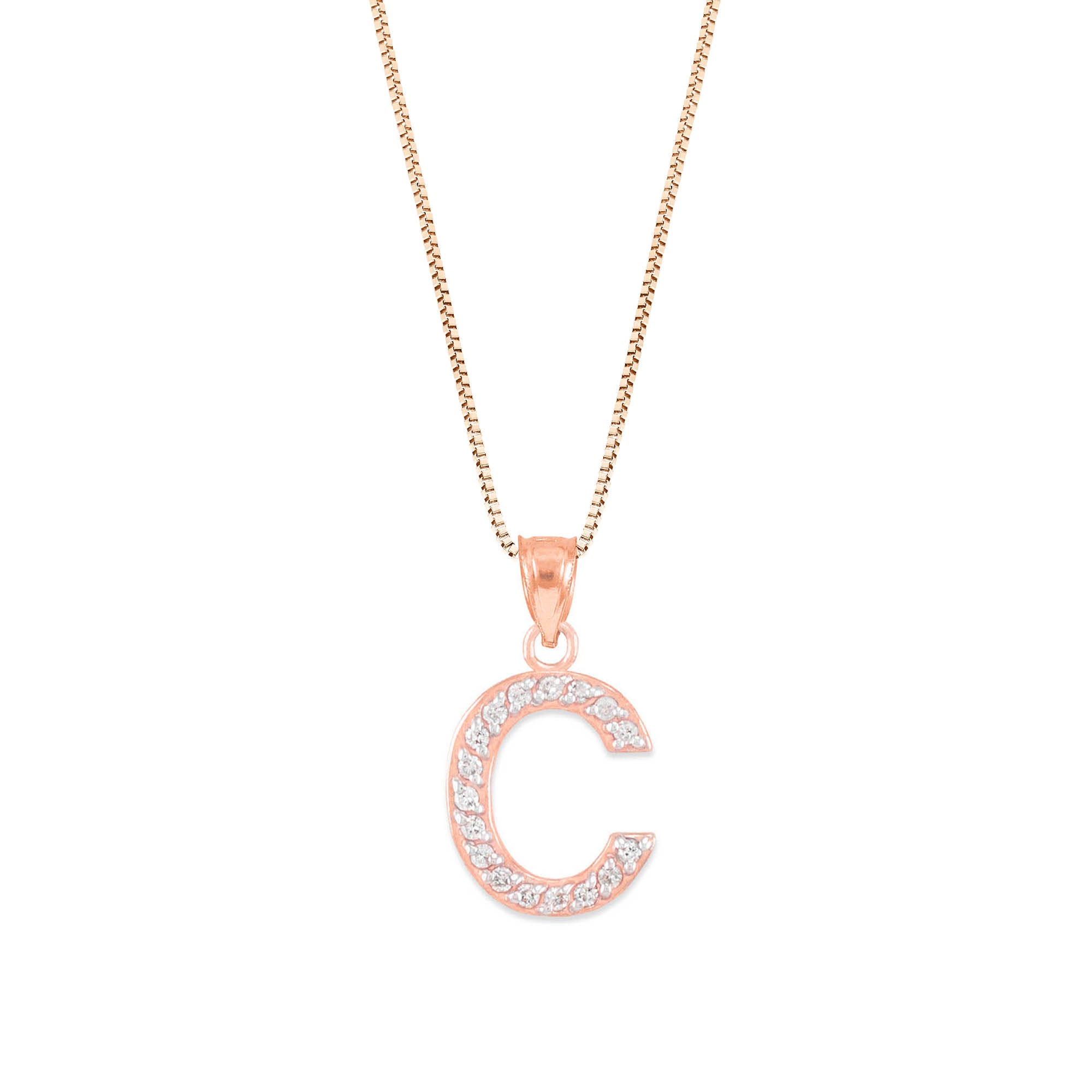 Letter C Diamond Embellished Drop Pendant Necklace in 9ct Rose Gold