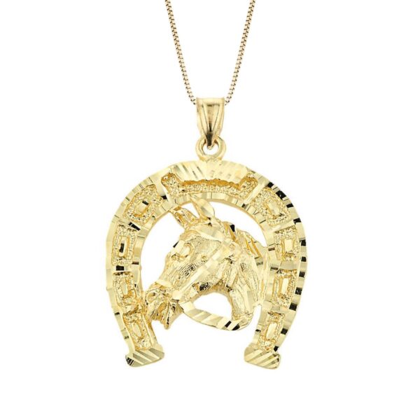 Horse Head Horseshoe Charm Pendant Necklace in 9ct Gold