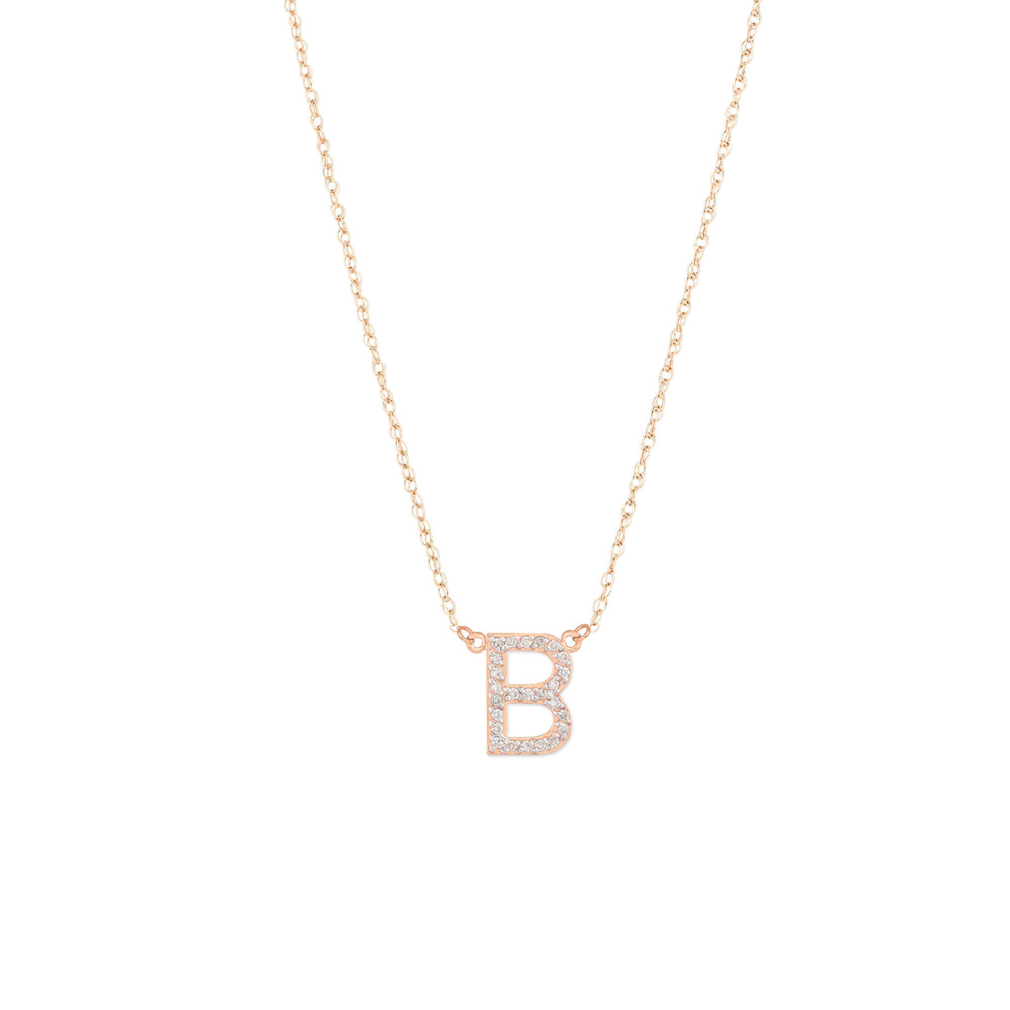 Letter B Diamond Embellished Initial Pendant Necklace in 9ct Rose Gold