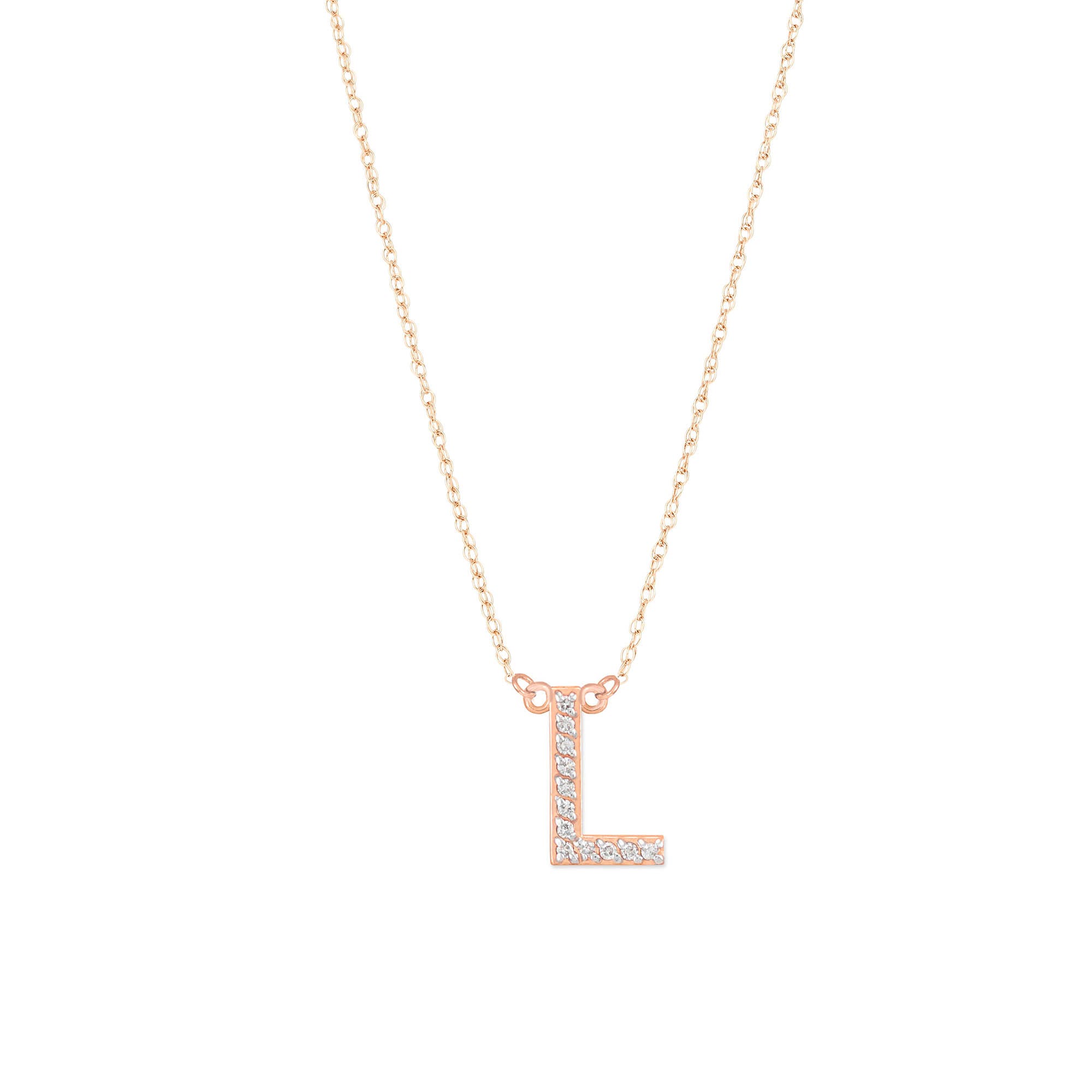 Letter L Diamond Embellished Initial Pendant Necklace in 9ct Rose Gold