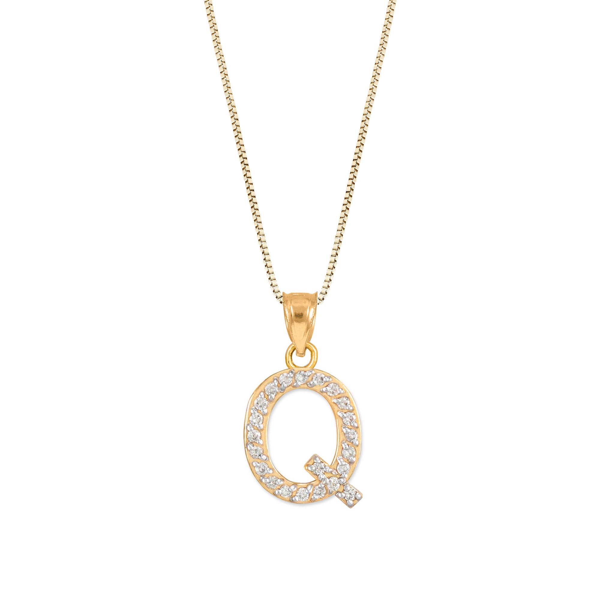 Letter Q Diamond Embellished Drop Pendant Necklace in 9ct Gold