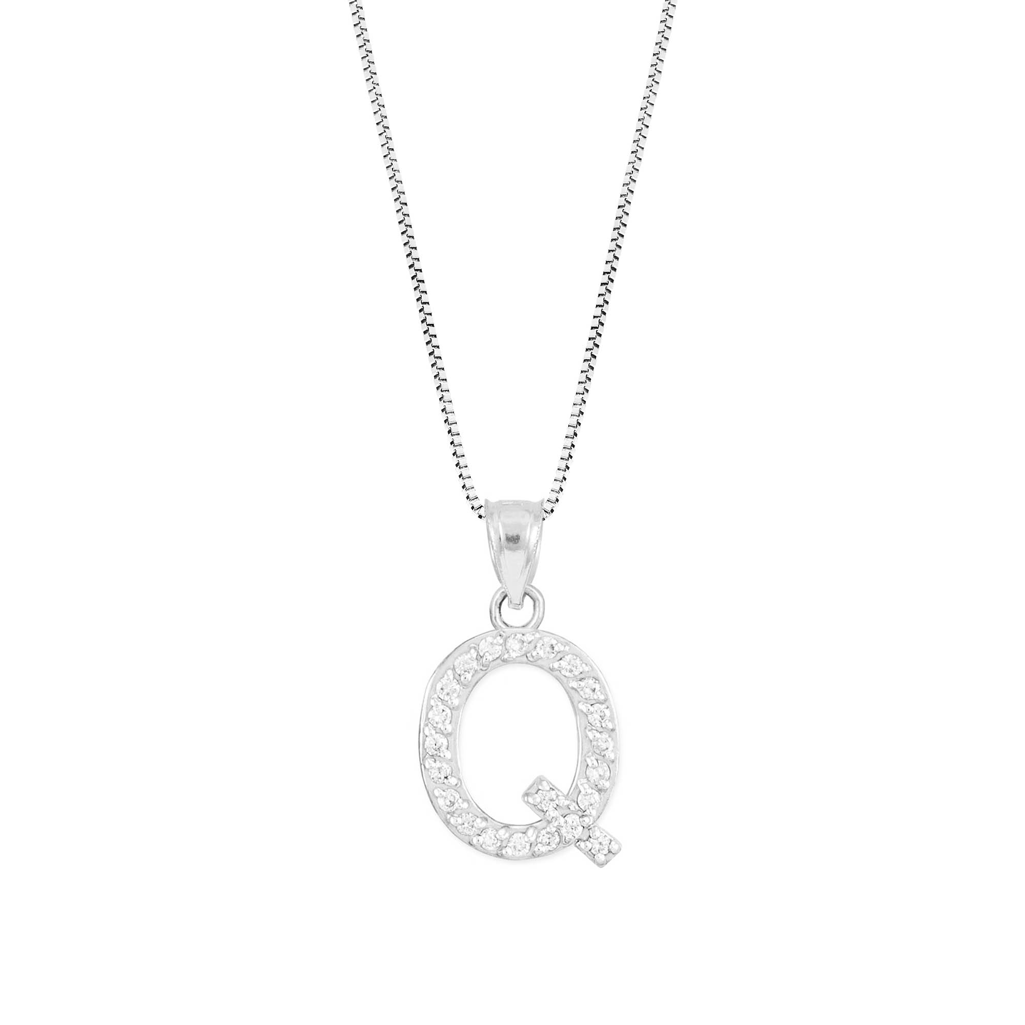 Letter Q Diamond Embellished Drop Pendant Necklace in 9ct White Gold