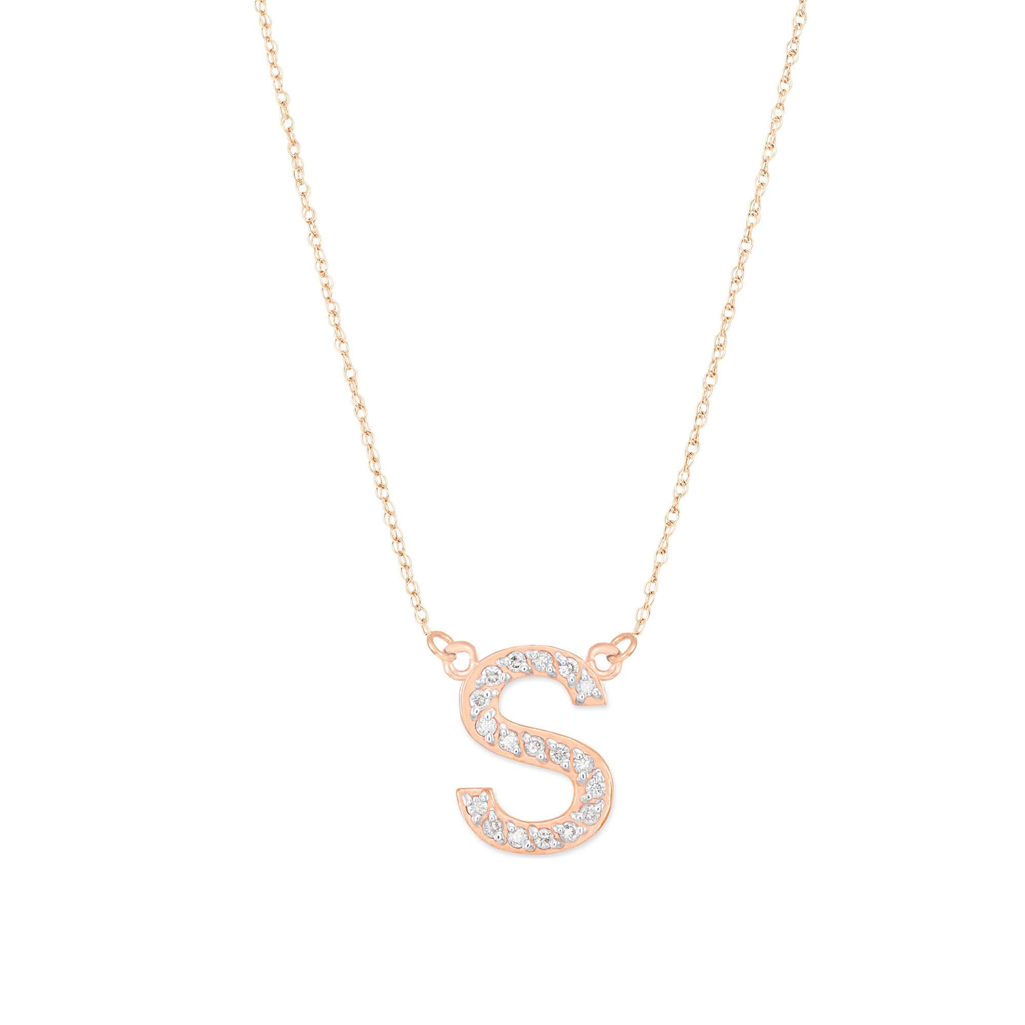 Letter S Diamond Embellished Initial Pendant Necklace in 9ct Rose Gold