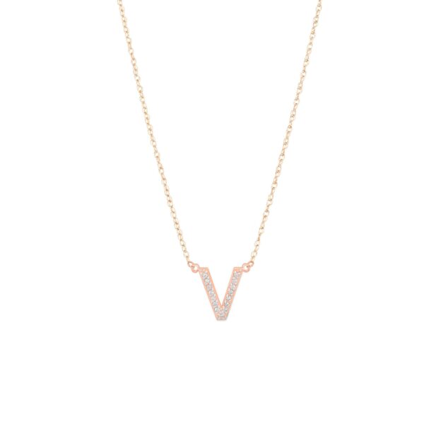 Letter V Diamond Embellished Initial Pendant Necklace in 9ct Rose Gold