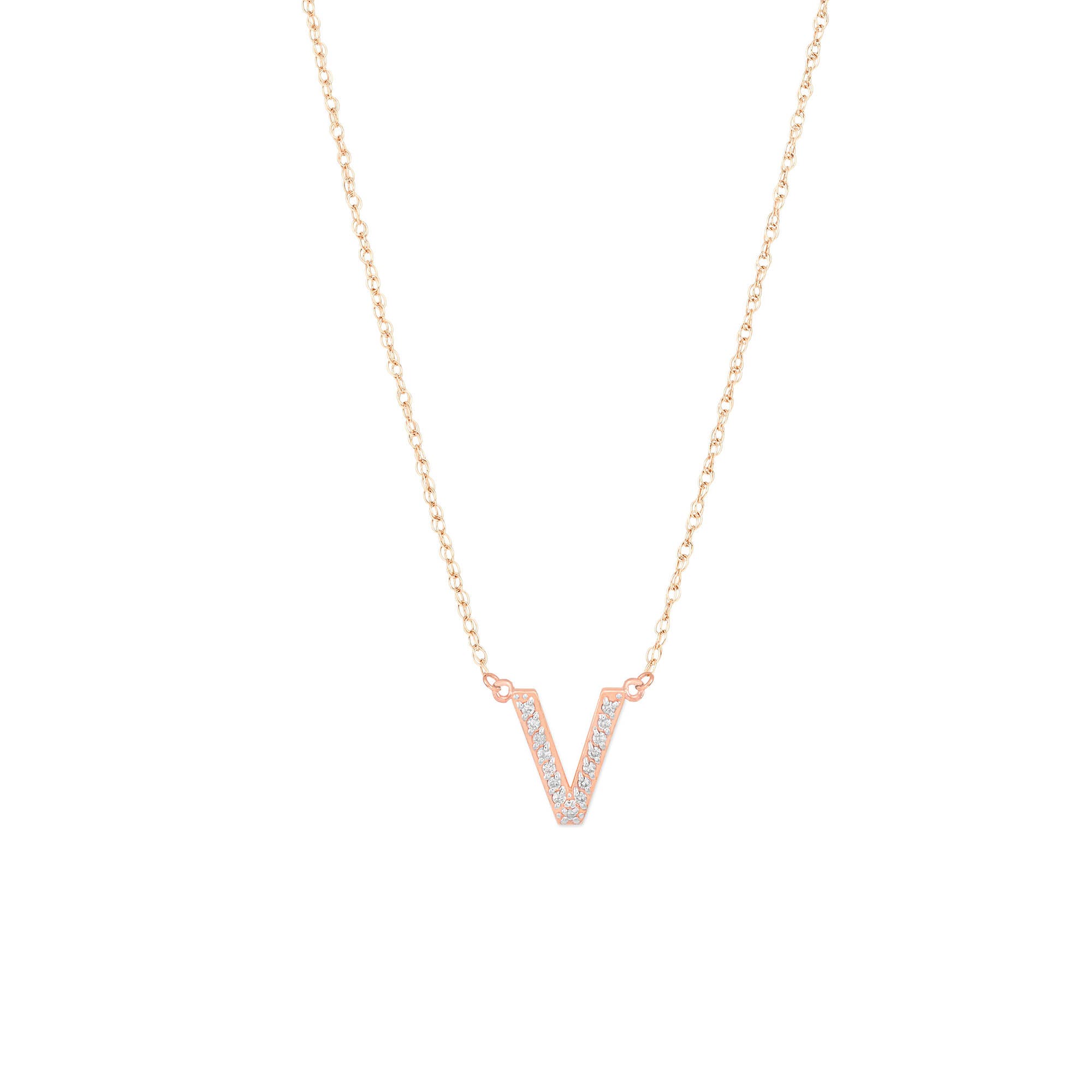 Letter V Diamond Embellished Initial Pendant Necklace in 9ct Rose Gold