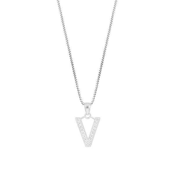 Letter V Diamond Embellished Drop Pendant Necklace in 9ct White Gold