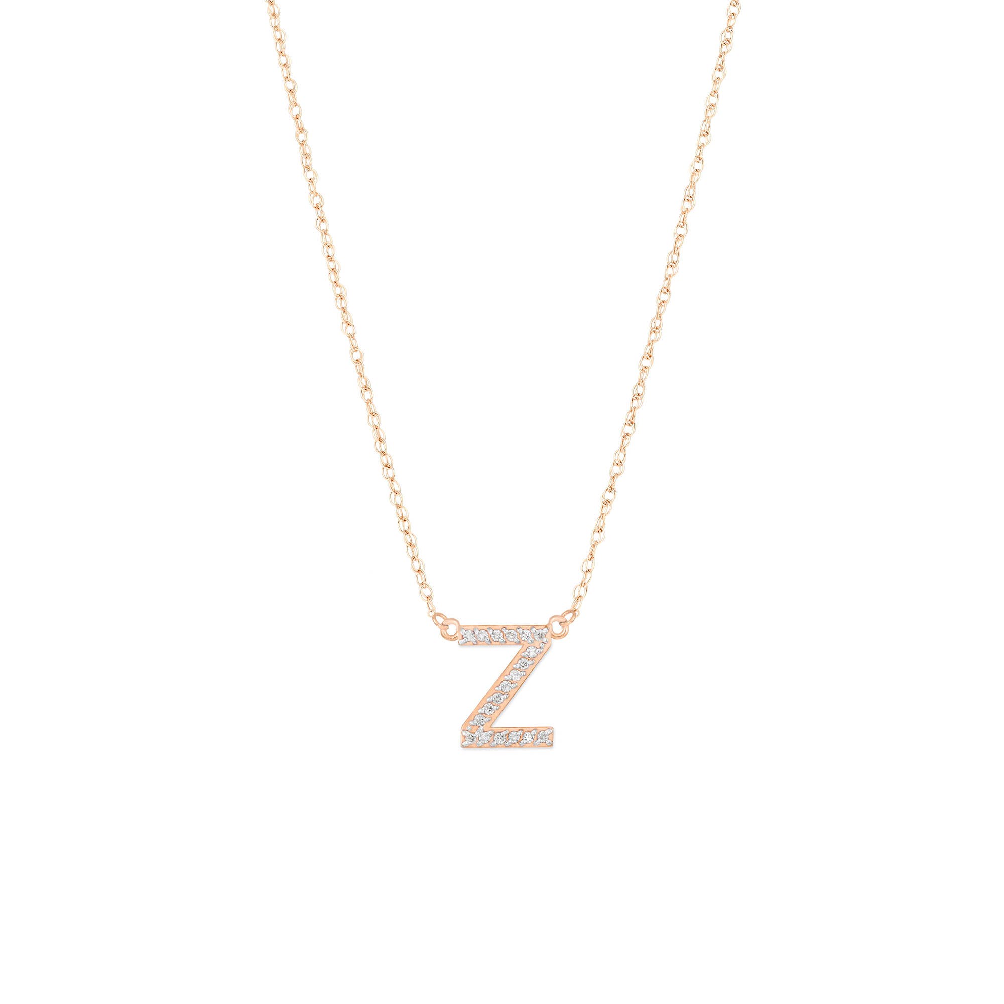 Letter Z Diamond Embellished Initial Pendant Necklace in 9ct Rose Gold