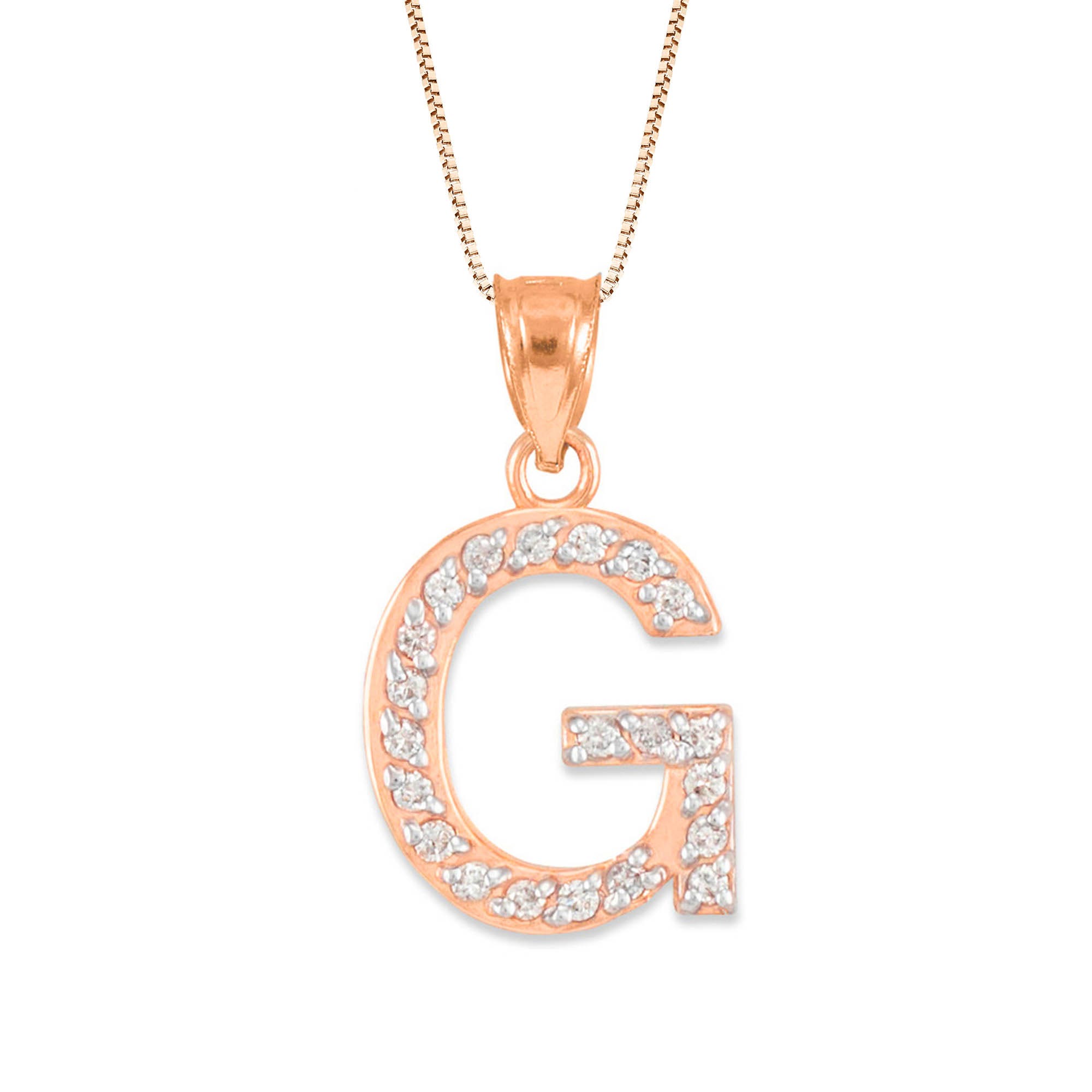 Letter G Diamond Embellished Drop Pendant Necklace in 9ct Rose Gold
