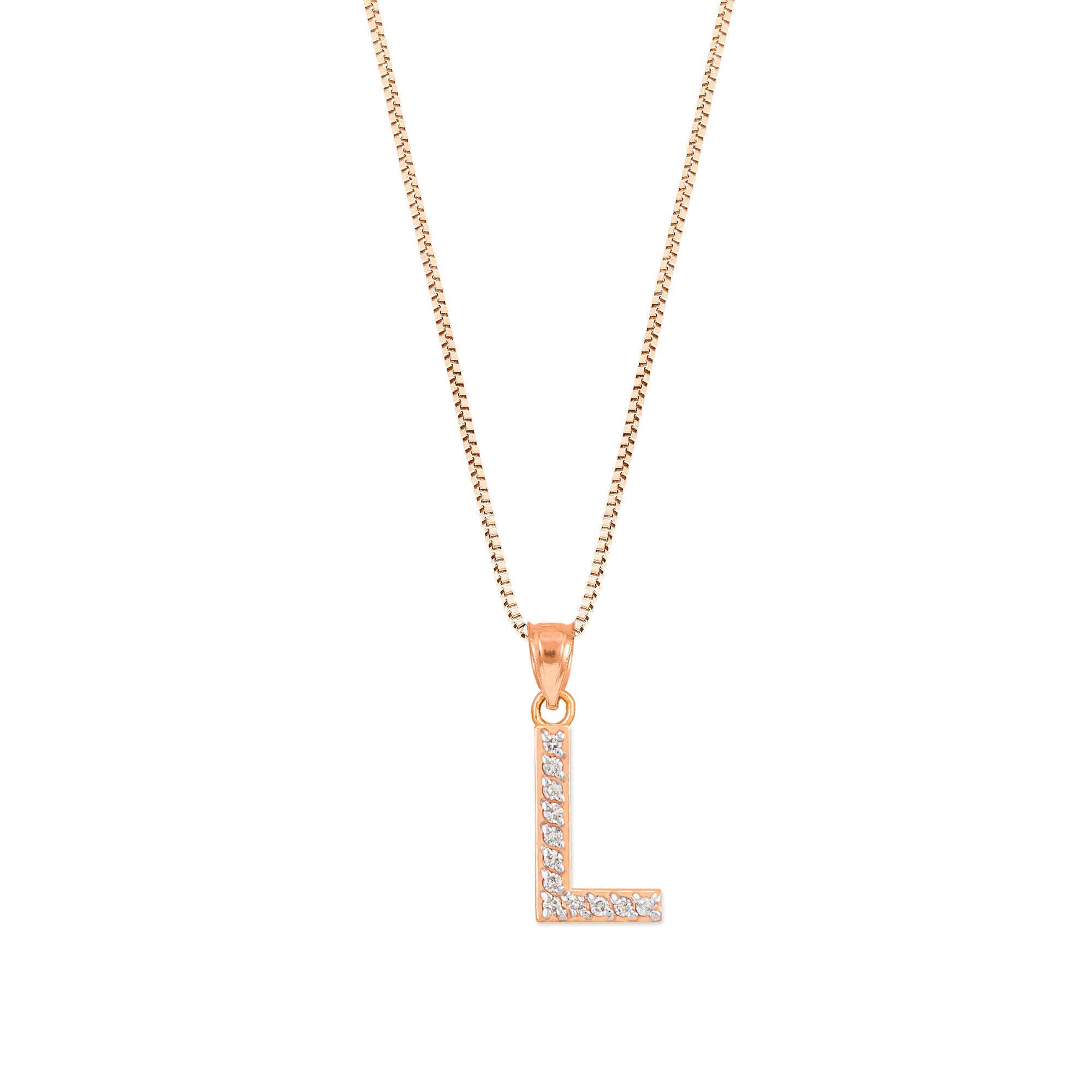 Letter L Diamond Embellished Drop Pendant Necklace in 9ct Rose Gold