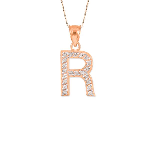 Letter R Diamond Embellished Drop Pendant Necklace in 9ct Rose Gold