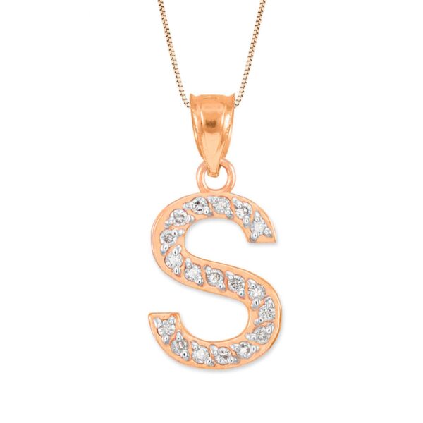 Letter S Diamond Embellished Drop Pendant Necklace in 9ct Rose Gold