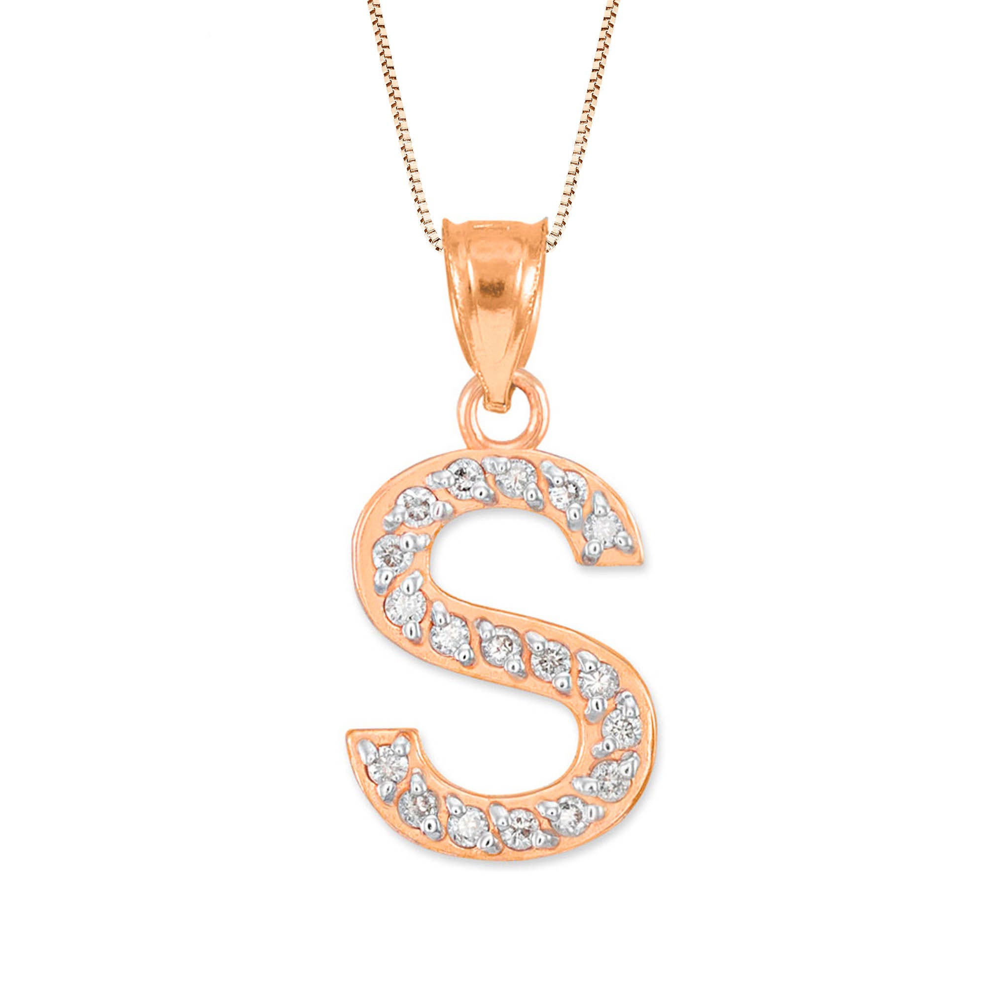 Letter S Diamond Embellished Drop Pendant Necklace in 9ct Rose Gold