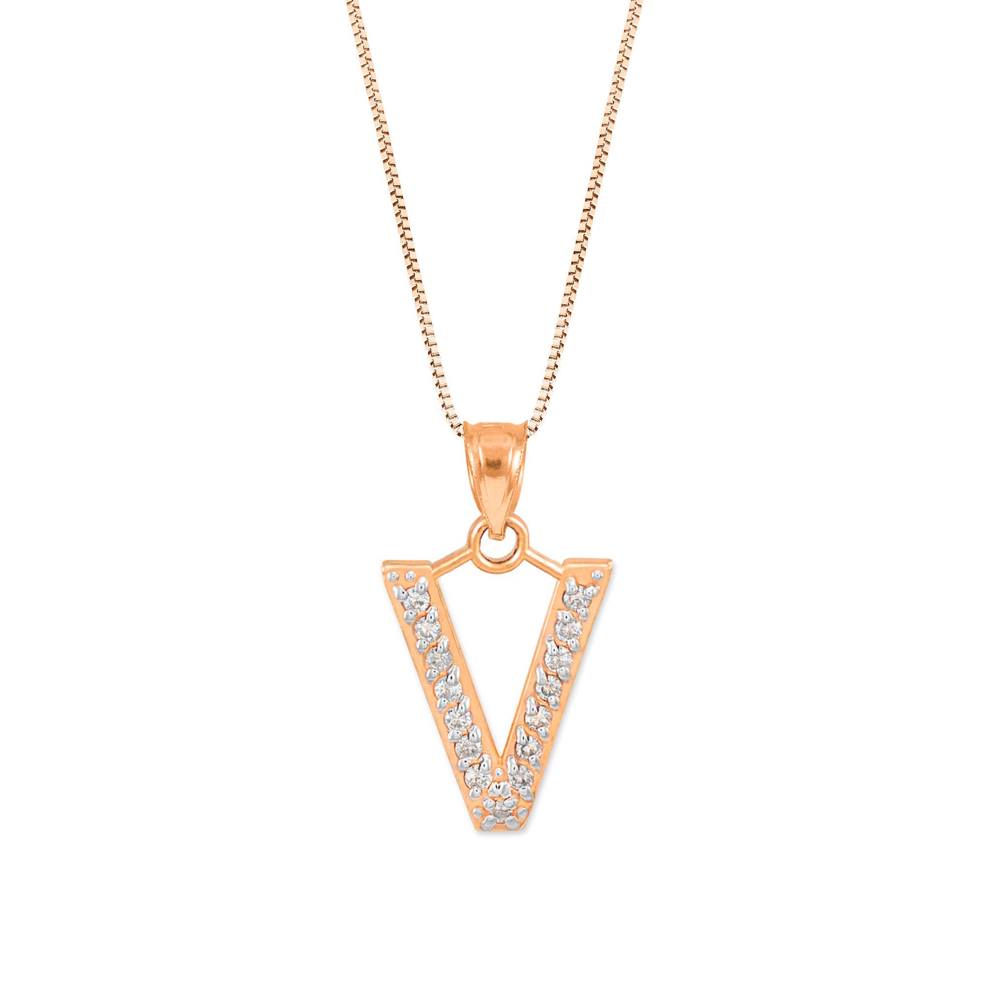 Letter V Diamond Embellished Drop Pendant Necklace in 9ct Rose Gold