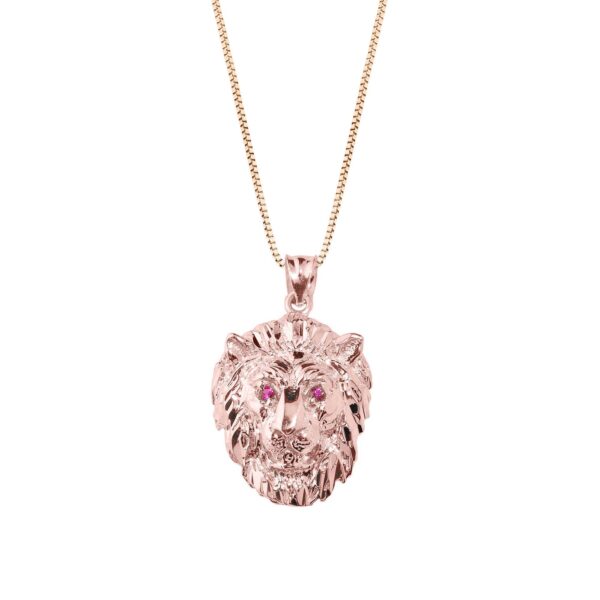 Men's Red CZ Precision Cut Lion Head Pendant Necklace in 9ct Rose Gold