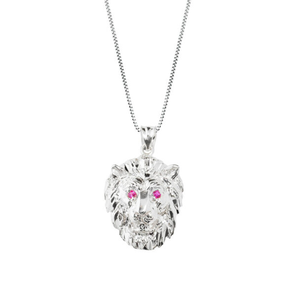 Men's Red CZ Precision Cut Lion Head Pendant Necklace in 9ct White Gold