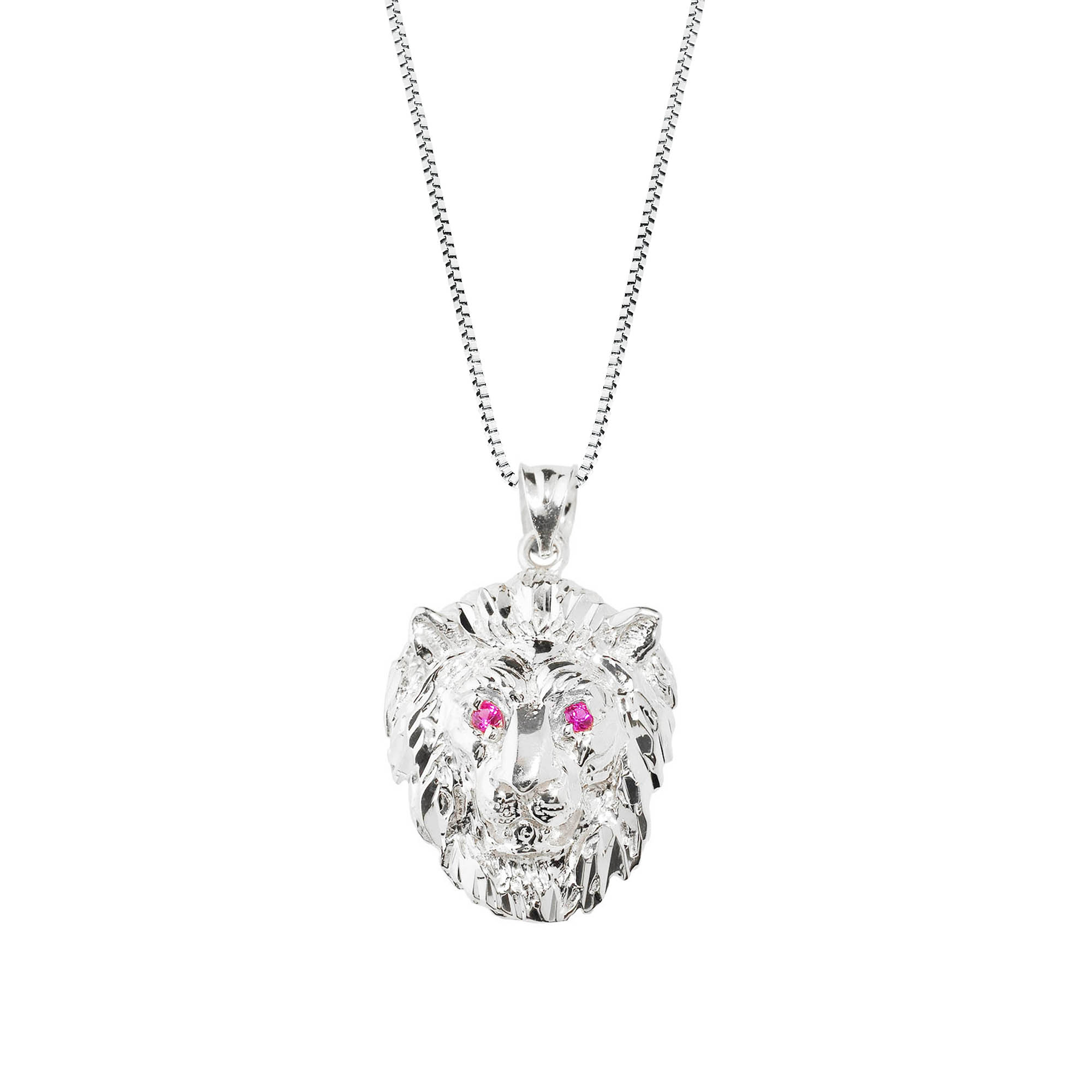 Men's Red CZ Precision Cut Lion Head Pendant Necklace in 9ct White Gold