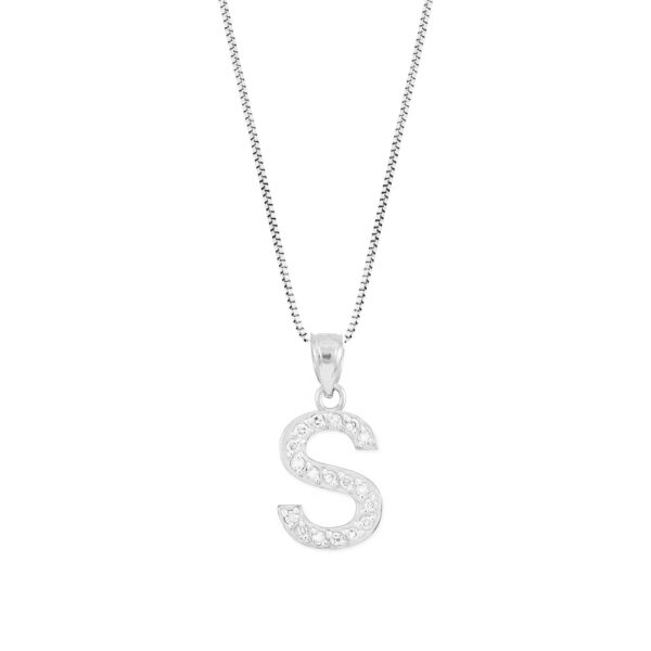 Letter S Diamond Embellished Drop Pendant Necklace in 9ct White Gold