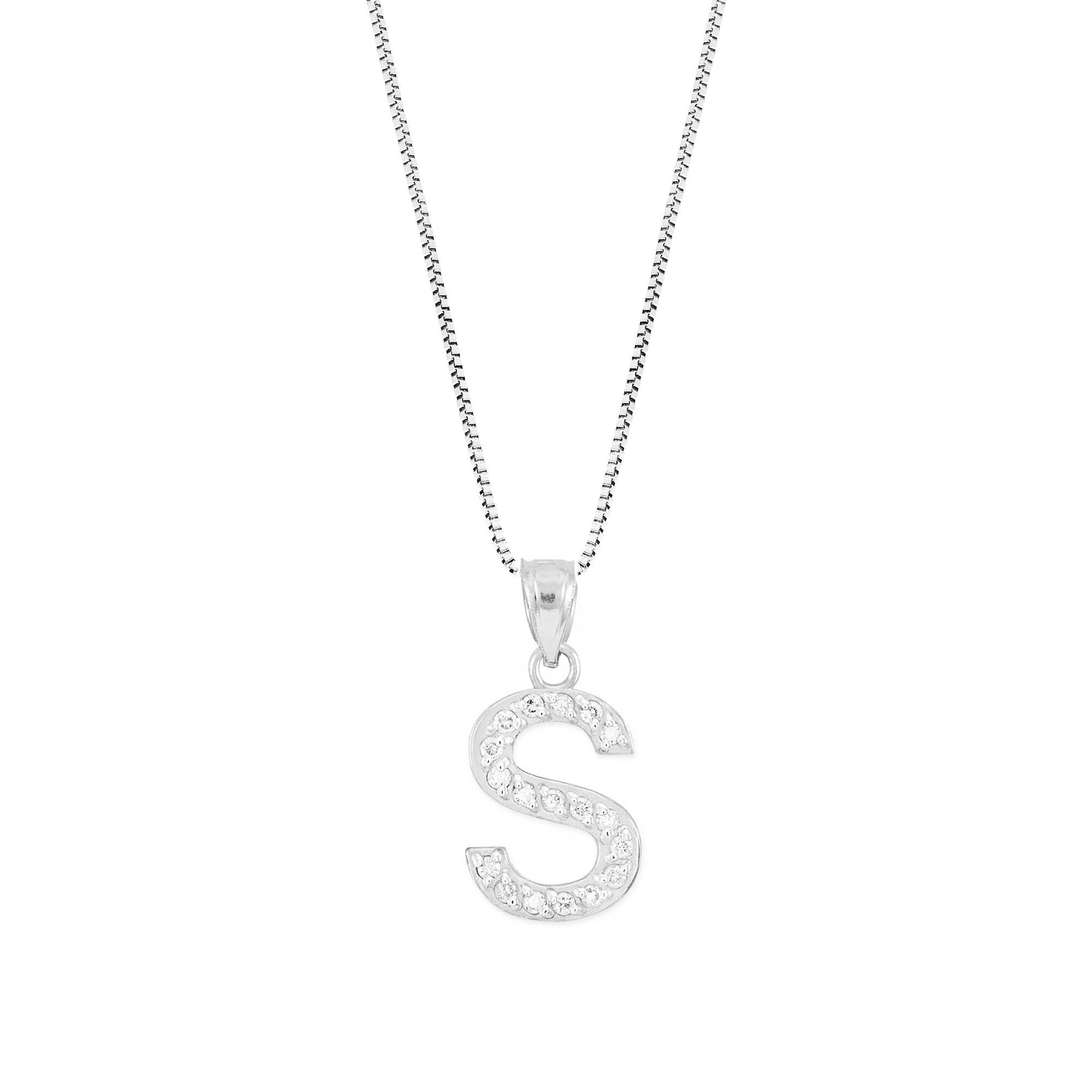 Letter S Diamond Embellished Drop Pendant Necklace in 9ct White Gold