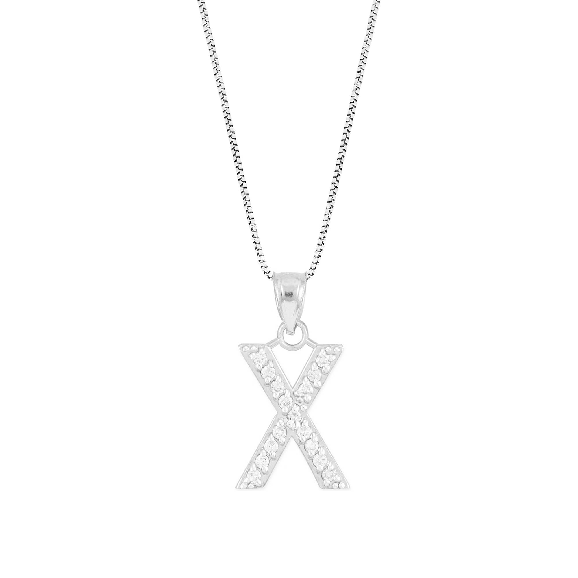Letter X Diamond Embellished Drop Pendant Necklace in 9ct White Gold