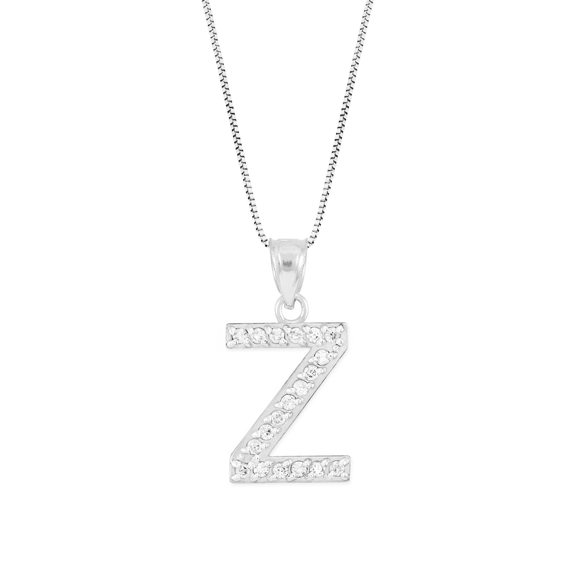 Letter Z Diamond Embellished Drop Pendant Necklace in 9ct White Gold