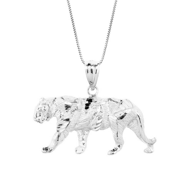Men's Detailed Tiger Pendant Necklace in 9ct White Gold